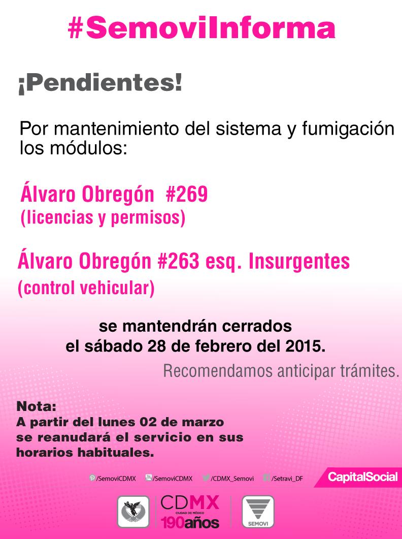 #SemoviInforma por mantenimiento los módulos de Álvaro Obregón e Insurgentes se mantendrán cerrados el sábado 28
