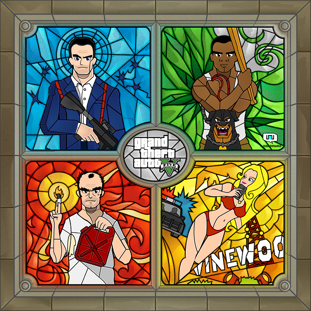 RockstarGames's tweet photo. The tabernacle of Michael, Franklin &amp; Trevor. #GTAV #Fanart by @PipandDetangs http://t.co/mFHTUoTnLu