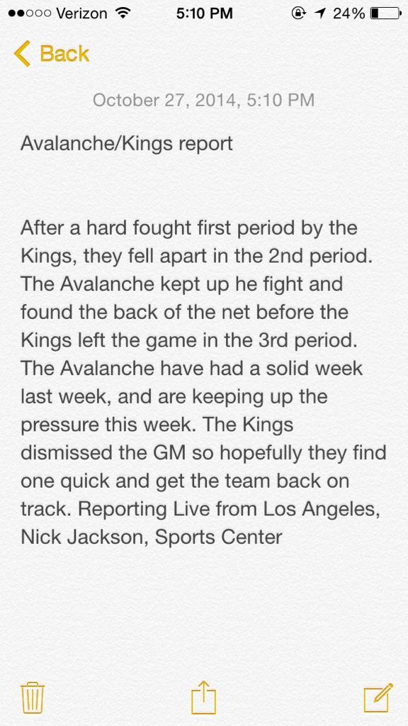 OVHLSportCenter's tweet photo. Report for the avs/kings game. DM me feedback on the report so I know what to change http://t.co/MIGo7emeBU