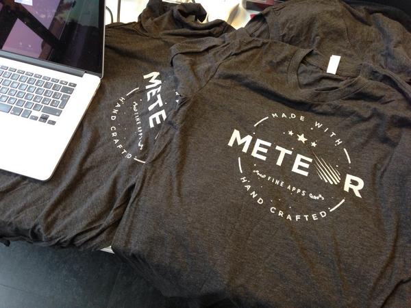 physiocoder's tweet image. #meteorjs t-shirts with new logo, just in time for Meteor Day Torino. :-) (but not new stickers :-/ ) #meteorjsit