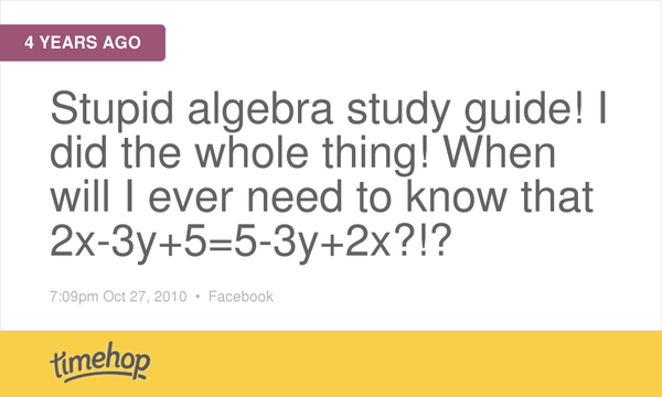 IsMilfy's tweet image. I wish this were still my struggle. 😂😂😂 #basicalgebra #8thgradeprobs timehop.com/c/fs:162141350…