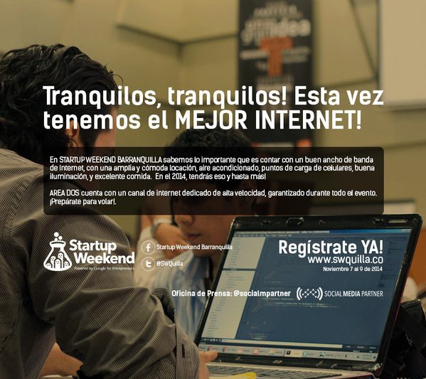 SWBaq's tweet photo. Esta vez Startup Weekend Barranquilla contará con el mejor internet, espacio generoso y bastante buena vibra! UNETE! http://t.co/giNwwW95S7