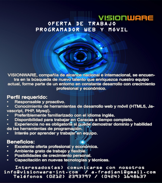 Visionware_Int's tweet photo. @PhpConferenceVe En @Visionware_Int nos encontramos buscando programadores en Caracas para unirlos a nuestro equipo! http://t.co/OUNyJKikox