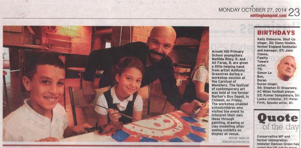 antsgreentree's tweet photo. I was in the Nottingham Post this evening doing art workshops with schools at Art fest. @monsters_art @bartonsplc http://t.co/8KiK4NttAP