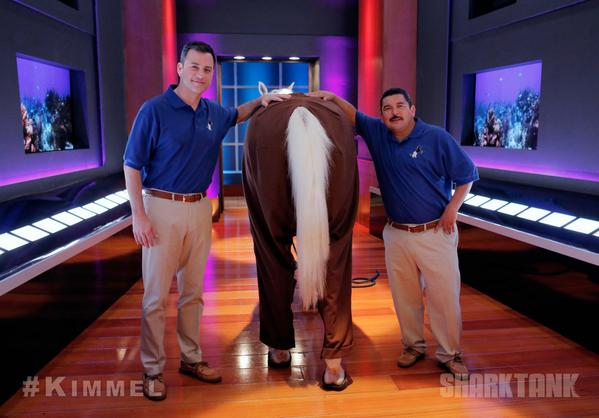 JimmyKimmelLive's tweet photo. .@JimmyKimmel &amp; @IamGuillermo's full #SharkTank pitch TONIGHT on #Kimmel! #HorsePants @ABCSharkTank http://t.co/Jx9uw92Tmp
