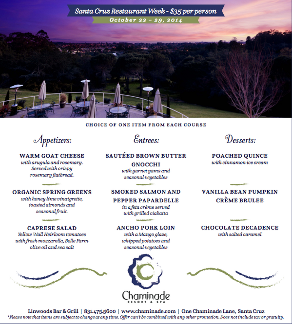 santacruzdining's tweet photo. #SCRW14 Restaurant Showcase: @ChaminadeResort (Linwood's)
More Information - http://t.co/uqJVwVWYfB http://t.co/NYaDBmmGdA