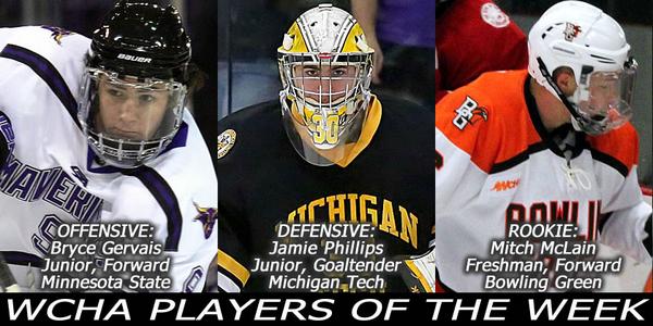 WCHA_MHockey's tweet photo. Congrats to: OPOW @MavHockey's Bryce Gervais; DPOW @mtuhky's Jamie Phillips; ROW @BGFalconHockey's Mitch McLain. http://t.co/2k0bxl18Wk