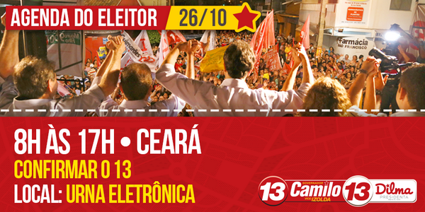 Camilo13Gov's tweet photo. O eleitor cearense tem uma agenda muito especial amanhã. Vamos às urnas votar 13 pro Ceará seguir avançando! \o/ http://t.co/3QocHNUopt