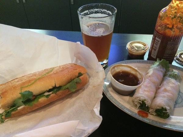Beer pairing of the day: Mac &amp; jack with a Banh Mi, and shrimp spring salad rolls. Wow that's awesome!
