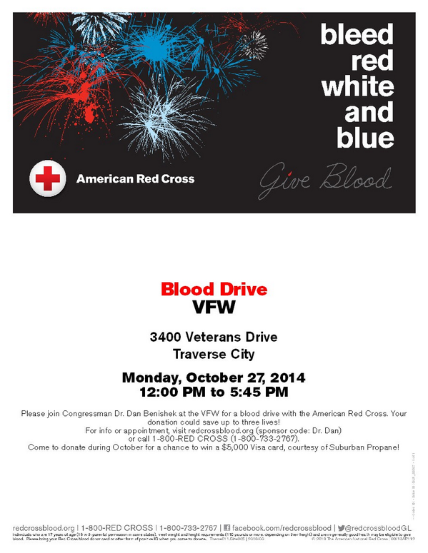Benishek's tweet photo. My final blood drive is Monday at Traverse City VFW. To register visit http://t.co/VHZTlFIZFH &amp; use code "Dr. Dan!" http://t.co/AtxzNuKWx6