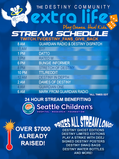 StretchDestiny's tweet photo. Whoooo @ExtraLife4Kids @DestinyTheGame ! Today! 5-7pm PST I'm THERE!
(These other times are all in EST) http://t.co/NyuVzbXeI8
