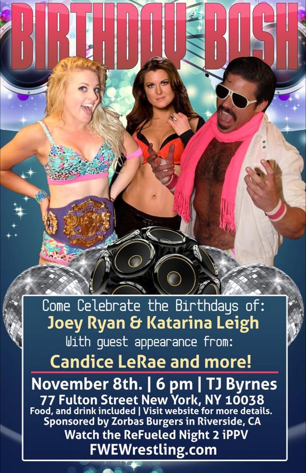FWEWrestling's tweet photo. Celebrate with @katarinasinfamy @JoeyRyanOnline for their birthday!  Plus @CandiceLeRae will drink u under the table http://t.co/GtzsXwr15f