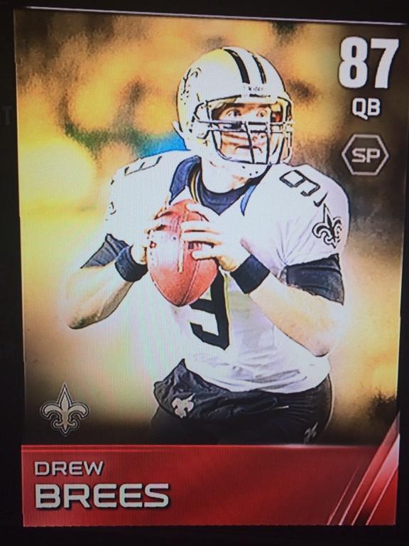 MUTCards15's tweet image. Giveaway Alert: RT this and Follow me to win this 87 ovr Drew Brees (w/97 tp) Giveaway will end after the MNF game