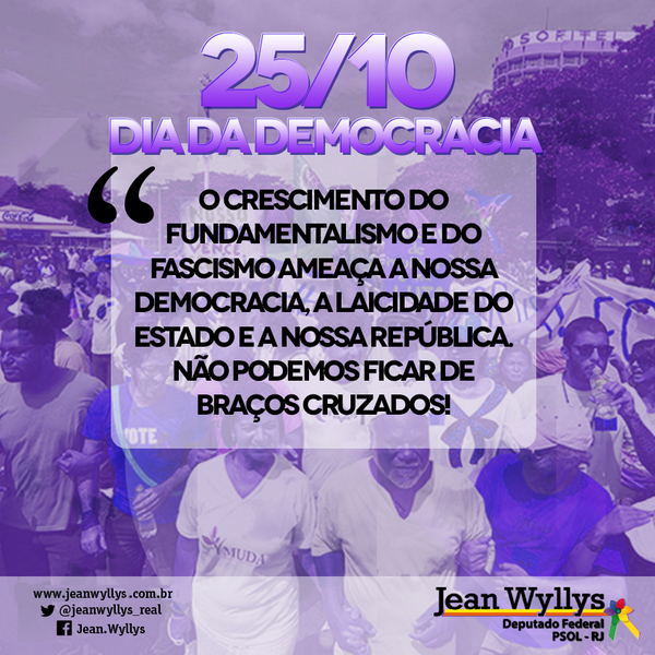 jeanwyllys_real's tweet photo. O crescimento do fundamentalismo ameaça nossa democracia. Não podemos ficar de braços cruzados #DiaDaDemocracia ASCOM http://t.co/nwOCN0G7XC