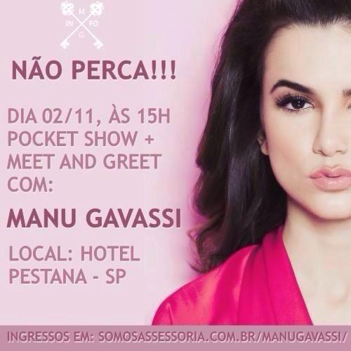 ManuGavassiInfo's tweet photo. Quem aí já garantiu ingresso? Pocket show + M&amp;G dia 02/11 no Hotel Pestana! Corre que é limitado 😉 http://t.co/ntPhauxW7A