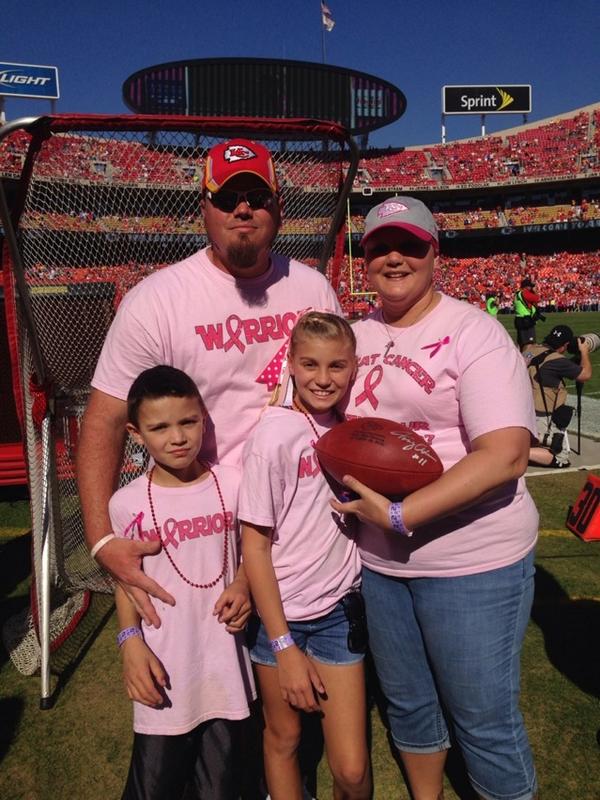 kmbc's tweet photo. Cancer survivor Angie Schultz and her family recognized on #Chiefs Breast Cancer Awareness Game. .@haygabbaymom http://t.co/lFTe0HQaGt
