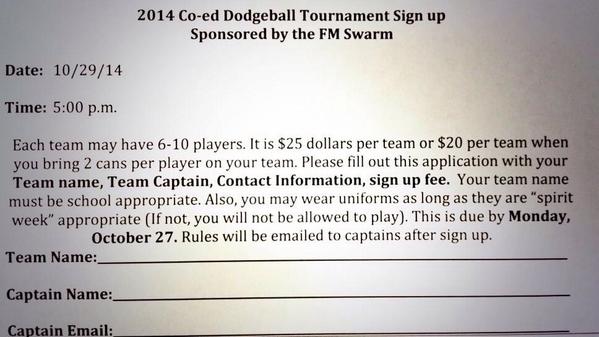 FMHS_Swarm's tweet photo. Don't forget to get your dodgeball sign up sheets turned into Mr. Tyler tomorrow if you plan to play! #dodgeball http://t.co/EeSAyYEpKn
