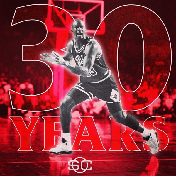 SportsCenter's tweet photo. On this date 30 years ago, Michael Jordan made his Chicago Bulls debut. The NBA has never been the same. http://t.co/zAbCvE3TSc