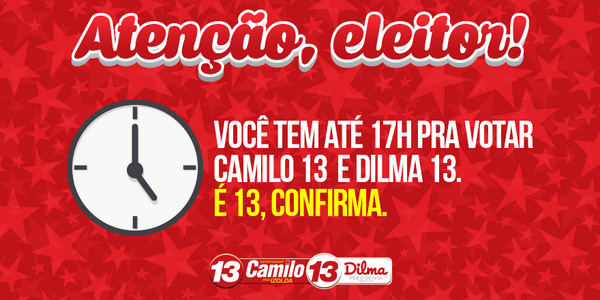 Camilo13Gov's tweet photo. Atenção, eleitor! Você tem até às 17h para votar em #Camilo13Governador. http://t.co/LfwzUtuuaQ