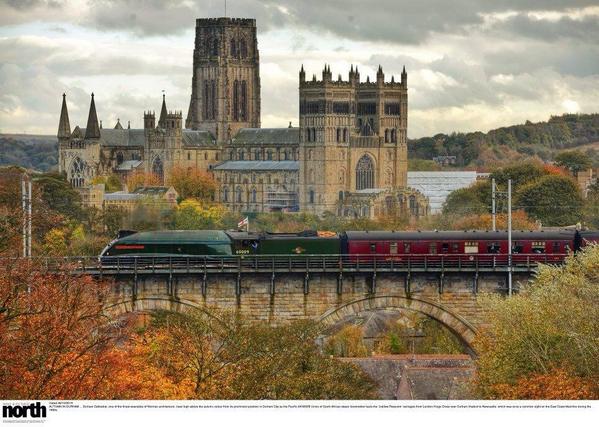 PaulKingstonITV's tweet photo. I've been on the rooftops of Durham to capture this beauty cutting through autumn colour @IMcMillan @steamtrains1 http://t.co/cfzrcTVCgs