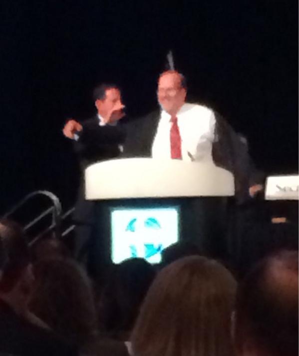 ACEPheadliner's tweet photo. President Rosenau &amp; PE Gerardi buddy up for doffing &amp; donning - passing the gavel. #ACEP14 http://t.co/Wv1L5LB1gJ