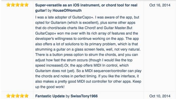 Some user reviews on GuitarCapo+. Grab it now @ itunes.apple.com/app/guitarcapo… #rt and Rock'n Roll! :) #guitar #ios8