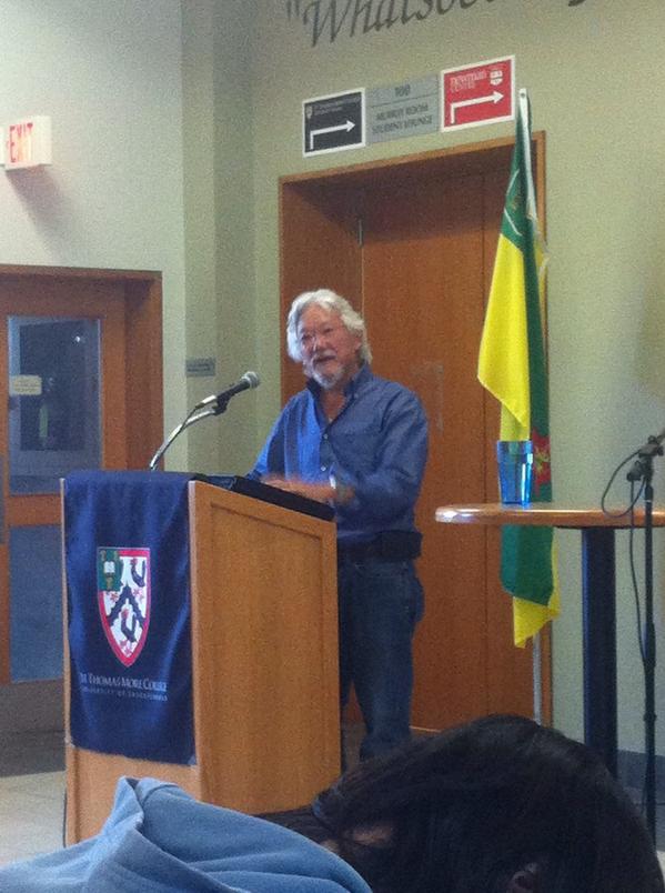 WarrenIsbister's tweet photo. David Suzuki "we have to relearn from Indigenous perspectives of ecology, the land embodies their history" #usask http://t.co/sdCORu8gvY