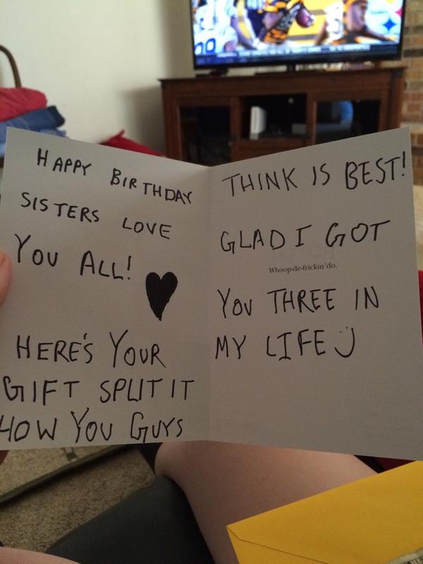 Kkatie_Nelson's tweet photo. Instead of getting us 3 individual cards for each of our birthdays Tyler just got us this one card... πππ #onlyTyler http://t.co/iUqr6JvUTe
