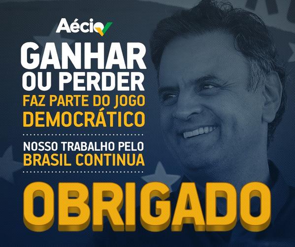 PSDBoficial's tweet photo. Ganhar ou perder faz parte do jogo democrático. Nosso trabalho continua. Muito obrigado, povo brasileiro! http://t.co/SD6zB0aHzU