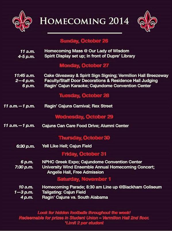 ULFirstYear's tweet photo. Don't forget that it is #ULHomecoming2k14 week - make sure you take part in the fun activities #Cajunsof2018 http://t.co/yv4qhHH0u7