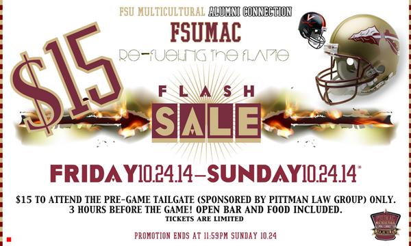 FSU_MAC's tweet photo. Only a few hours left for the Pre-Game Tailgate Flash Sale! $15 Food &amp; Drink included! 
https://t.co/FGzd06SRn2 http://t.co/8dJatxWfDx
