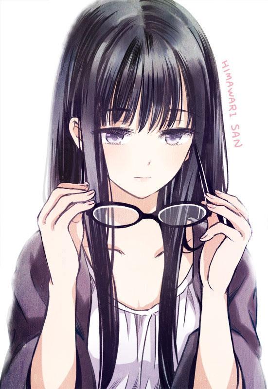 1girl solo holding black hair glasses long hair holding eyewear  illustration images