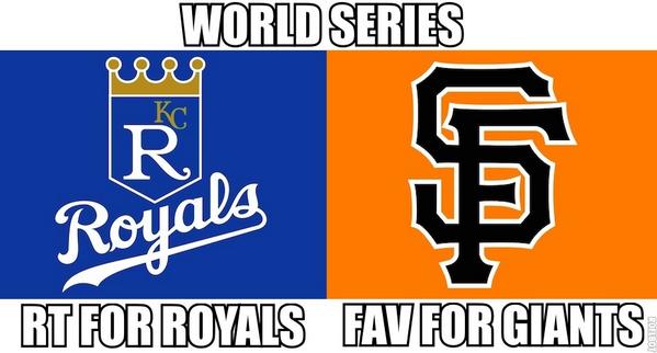 MLBMeme's tweet photo. #WorldSeriesGame5 coming up!
RT for #Royals
FAV for #SFGiants http://t.co/2SqhDsSi7d