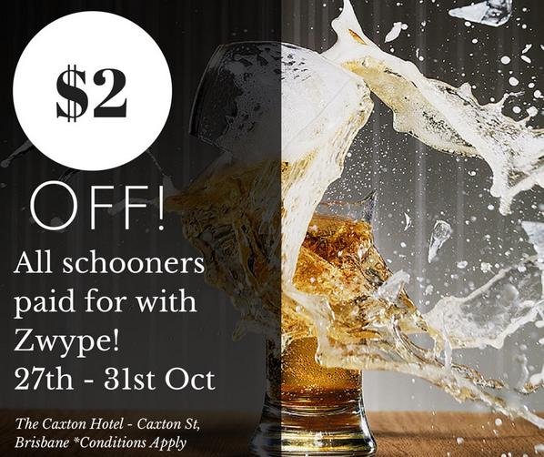 ZwypeApp's tweet photo. Make sure you come down to The Caxton Hotel this week and enjoy $2 off all schooners when you pay with Zwype! http://t.co/JU6bz0wqzV