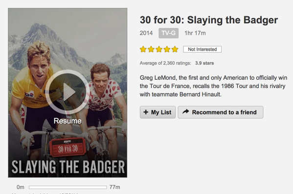 pelotonmagazine's tweet photo. Now streaming on @netflix, 'Slaying the Badger' #fuelforthride #cycling http://t.co/yjkO8LXnzJ