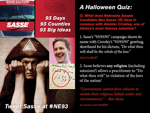 dontsasseme's tweet photo. What does #Sasse believe? Ooooooh . . .beware #Nebraska!
#NE93 #nesen #negov #GBR  #GOP #god #christian #Halloween http://t.co/p3E2ESE6u5