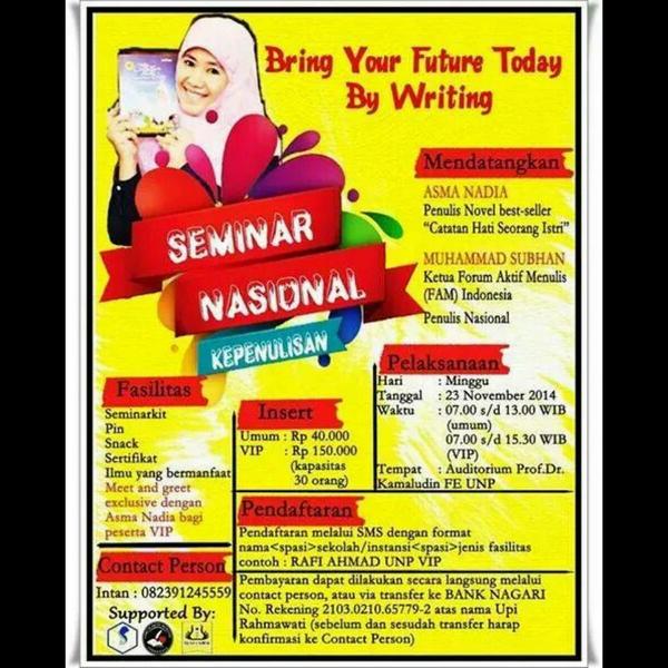 Ayo buruan daftar!!! Seminar nasional kepenulisan bersama asma nadia dan m subhan.. jangan sampai ketinggalan 😄