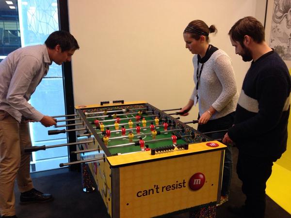 ClemsMelb's tweet image. We&apos;ve admired the M&amp;amp;M&apos;S foosball table for a few days. Now to play. ⚽️Construction credits go to @beenosam. 🔨