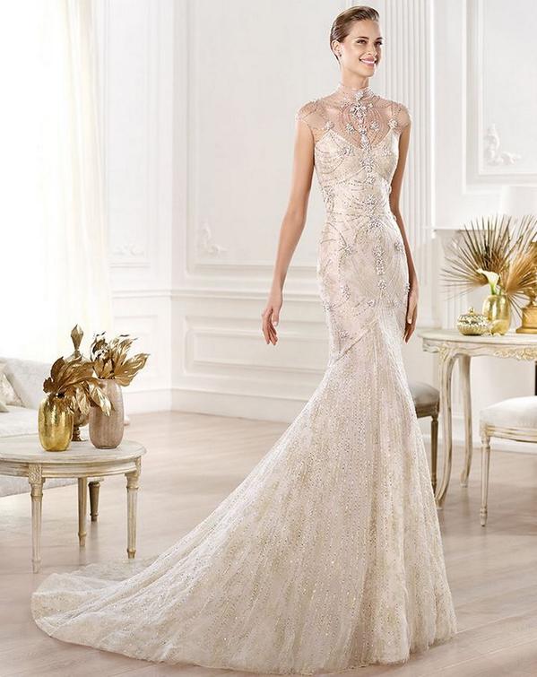 DelmarEvents's tweet image. Gorgeous gold and lace wedding dress. Perfect for a fall wedding! @Pronovias #2014Collection  ow.ly/DmXmy