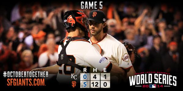 SFGiants's tweet photo. RECAP: #MadBum’s 4-hit shutout pushes #SFGiants to brink of 3rd #WorldSeries title in 5 years. http://t.co/77zalBJUYP http://t.co/A0lLpjZvB9