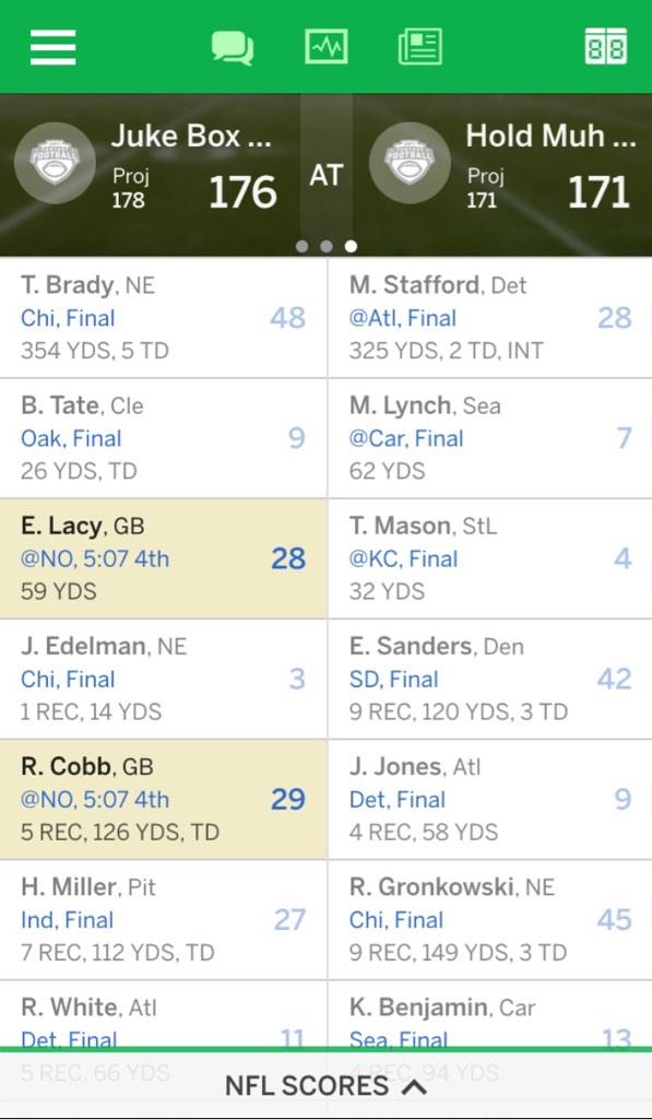 zaneiam's tweet photo. Wouldn't be @zukenis wedding week without a high scoring, massive fantasy football comeback. Touché sir. http://t.co/8xOBvkjWD7