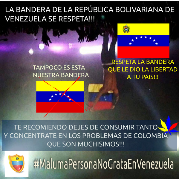 wiloveoficial's tweet photo. Epale .@MALUMACOLOMBIA #Venezuela se respeta!!! #MalumaPersonaNoGrataEnVenezuela http://t.co/HitMAnNk1J