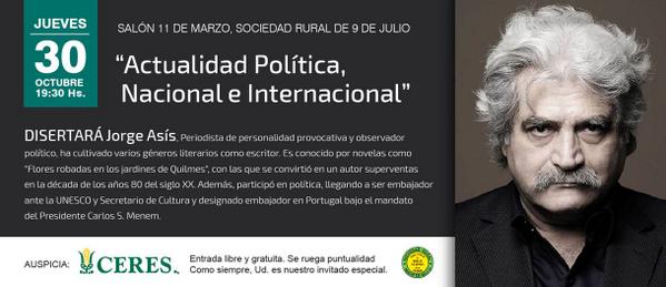 Ceres_AB's tweet photo. Invitación a la charla de Jorge Asís en la Sociedad Rural de 9 de Julio. http://t.co/MXsVvTJXcm