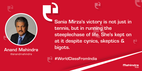 MahindraRise's tweet photo. Lead the way @MirzaSania ! We salute your winner’s spirit and continued strive to succeed despite all odds. http://t.co/vwKmUdmtJW