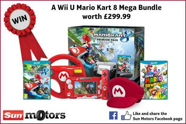 SunmotorsUK's tweet photo. #WIN A @Nintendo Wii U Mario Kart 8 Mega Bundle worth £299! Visit our Facebook page to enter https://t.co/RZCQaxvTDG http://t.co/Cdc8rpeogi