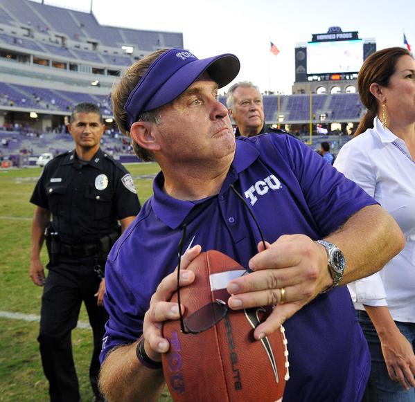 Check out <a href="/TCUCoachP/">Damon Hickman</a>'s form as he throws the game ball to the <a href="/TCUstudentsect/">TCU STUDENT SECTION</a> after the game. #GottaLoveIt #FrogFam