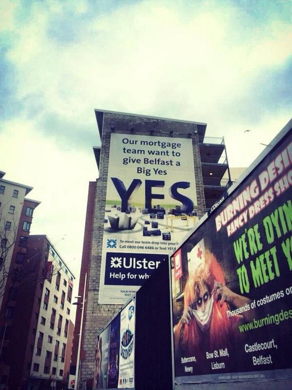 IrishUnity's tweet photo. Great to see Ulster Bank supporting YES vote in the Irish Unity Referendum in Queen's University today #QUBUnityRef http://t.co/mALC4cfc3A