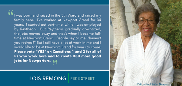 jobsfornewport's tweet image. Lois Remong of Feke St. is voting #YESon1and2 because she wants to keep working for years to come!