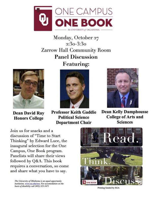 Join us in the Zarrow Hall Community Room from 2:30-3:30 for a discussion of <a href="/OUOneBook/">One Campus, One Book</a> and free food! <a href="/FreeFoodatOU/">Free Food at OU</a>