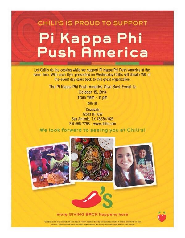 utsamgc's tweet photo. @UTSApikapp will be having a fundraiser at Chili's off I-10 today! Be sure to go out and support! #UTSA #PushAmerica http://t.co/iQgN4A3NWG